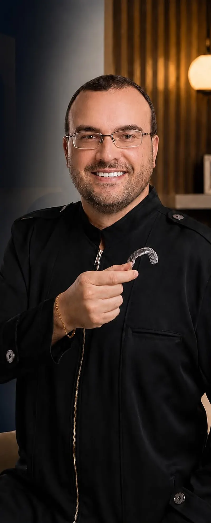 Dr. Gustavo Nascimento no consultório com alinhador Invisalign